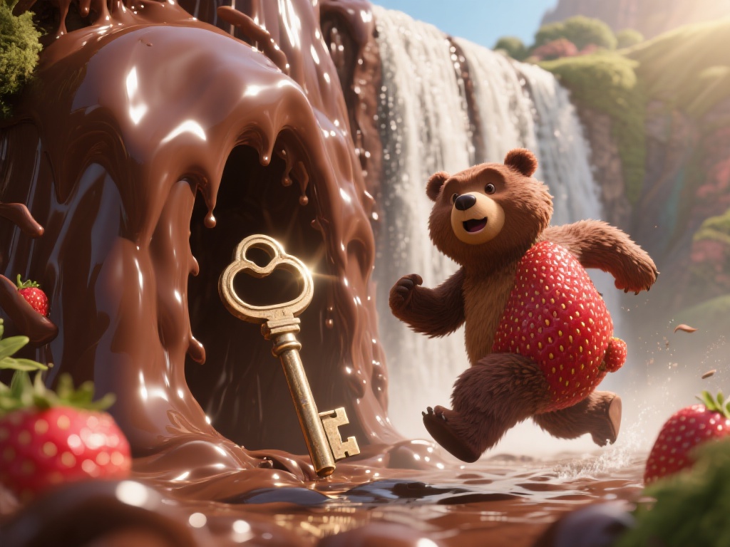 草莓熊一路奔跑，首先来到传说中的巧克力瀑布。这座瀑